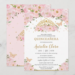 Quinceañera Blush Pink Floral Butterflies Tiara Invitation