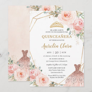 Quinceañera Blush Pink Floral Dress Birthday  Invi Invitation