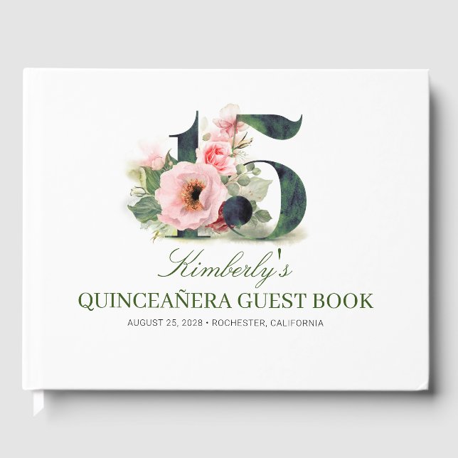 Quinceanera Blush Pink Floral Guest Book (Front)