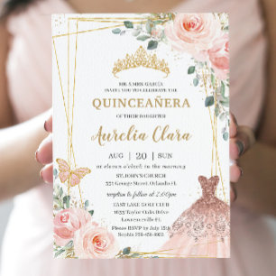 Quinceañera Blush Pink Floral Princess Gown Tiara Invitation
