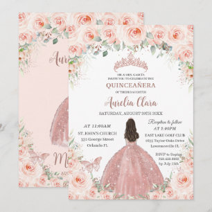 Quinceañera Blush Pink Floral Rose Gold Princess Invitation