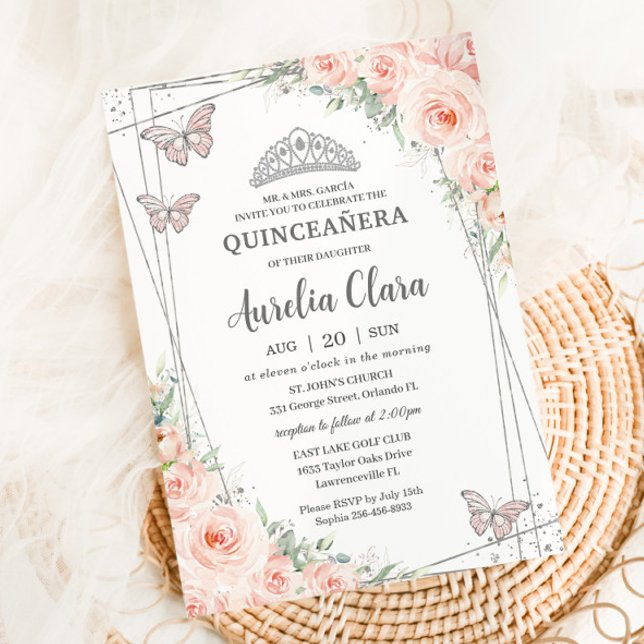 Quinceanera Blush Pink Floral Silver Butterflies Invitation (Creator Uploaded)