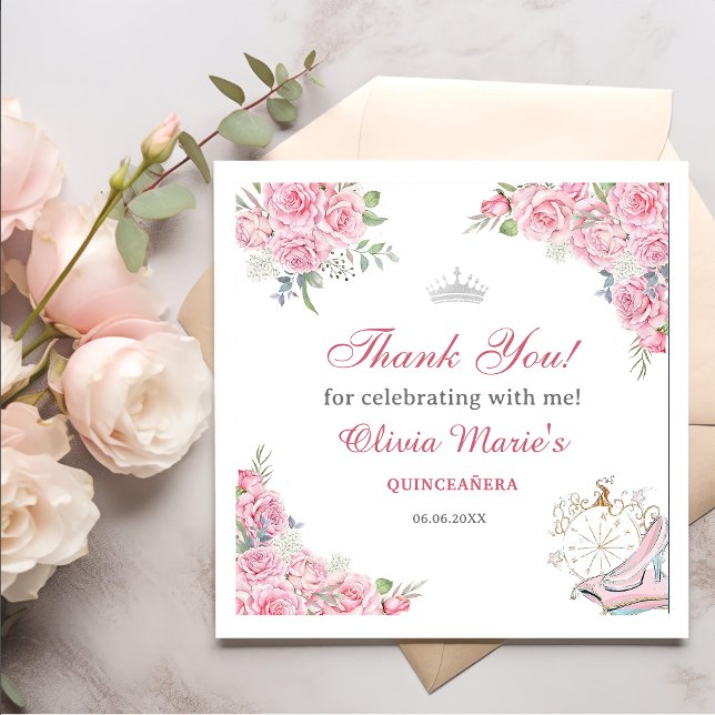 Quinceanera Blush Pink Floral Silver Crown  Napkin (Creator Uploaded)
