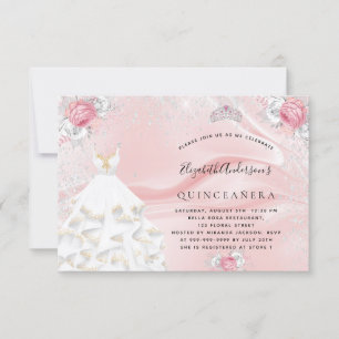 Quinceanera blush pink glitter dress tiara floral invitation