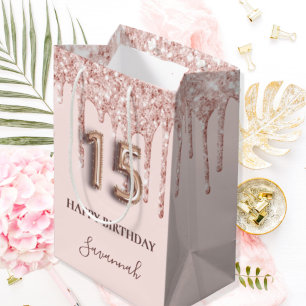 Quinceanera blush pink glitter drips rose gold medium gift bag
