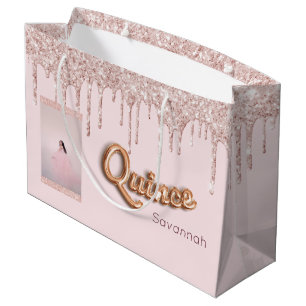 Quinceanera blush pink glitter photo rose gold large gift bag