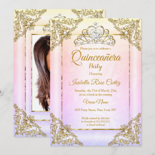 Quinceanera Blush Pink Purple photo Gold Tiara Invitation