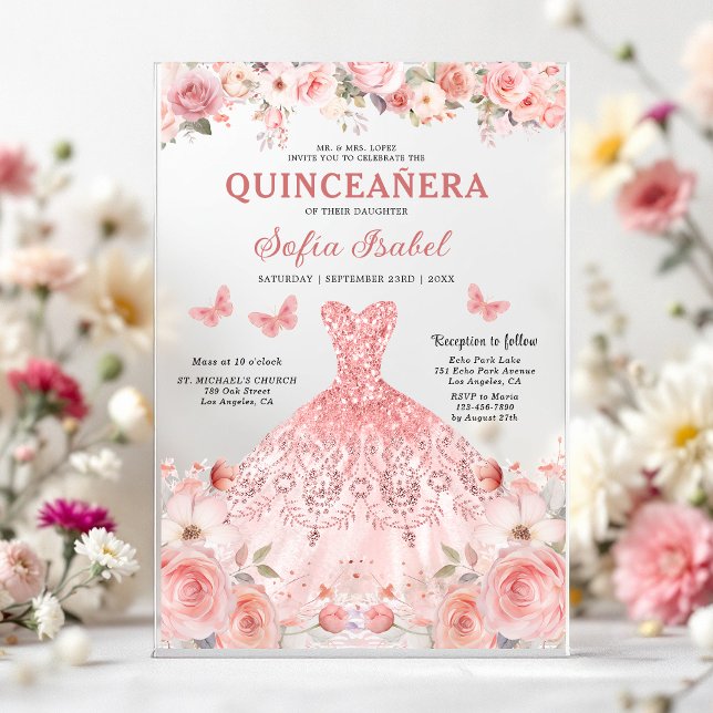 Quinceañera Blush Pink Rose Floral Butterfly Acrylic Invitations (Creator Uploaded)