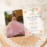 Quinceañera Blush Pink Rose Floral Butterfly Photo Save The Date<br><div class="desc">Personalize this lovely save the date card with your own wording easily and quickly. Simply click the Edit Using Design Tools button to further edit the text, wording, font style, font size, font colour, add more text, move or remove some images. The butterflies and crown are movable, resizable, multipliable and...</div>