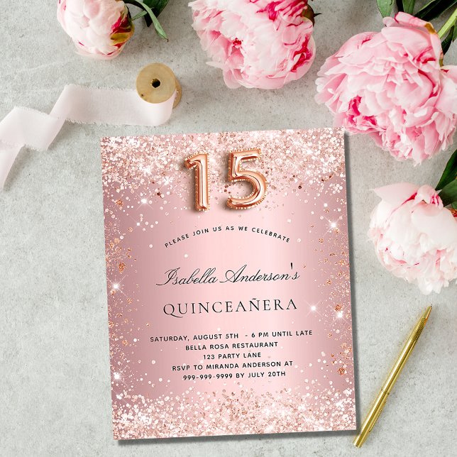 Quinceanera blush pink rose gold budget invitation flyer (Creator Uploaded)