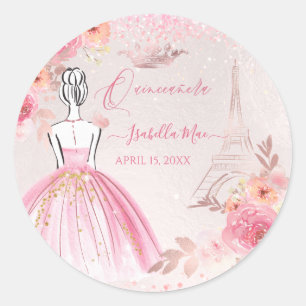 Quinceanera Blush Pink Rose Gold Eiffel Tower Classic Round Sticker