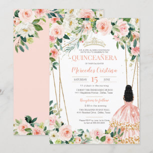 Quinceanera Blush Pink Rose Gold, Girl in Gown  In Invitation