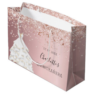 Quinceanera blush pink rose gold glitter dress large gift bag