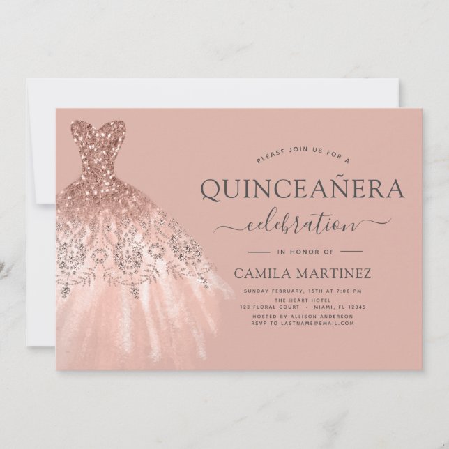 Quinceanera Blush Pink - Rose Gold Glitter Sparkle Invitation (Front)