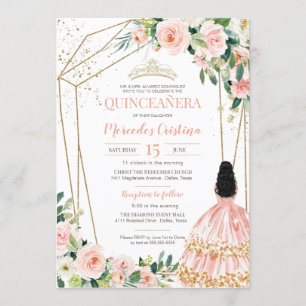 Quinceanera Blush Pink Roses and Gold, Girl Gown Invitation