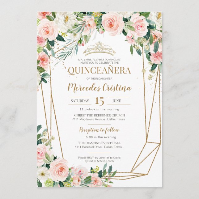 Quinceanera Blush Pink Roses and Gold Pearl Tiara  Invitation (Front)