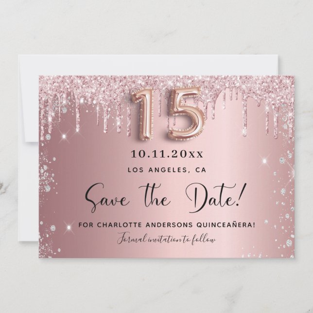 Quinceanera blush pink silver save the date (Front)