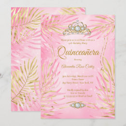 Quinceanera Blush Pink Tiara Palms Birthday Party Invitation
