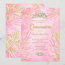 Quinceanera Blush Pink Tiara Palms Birthday Party Invitation