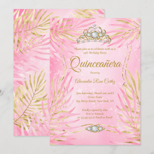 Quinceanera Blush Pink Tiara Palms Birthday Party Invitation