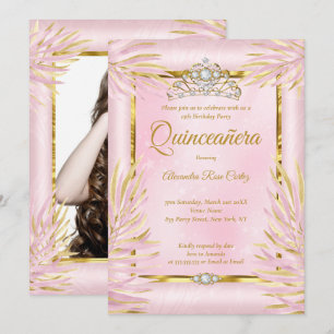 Quinceanera Blush Pink Tiara Photo Birthday Party Invitation