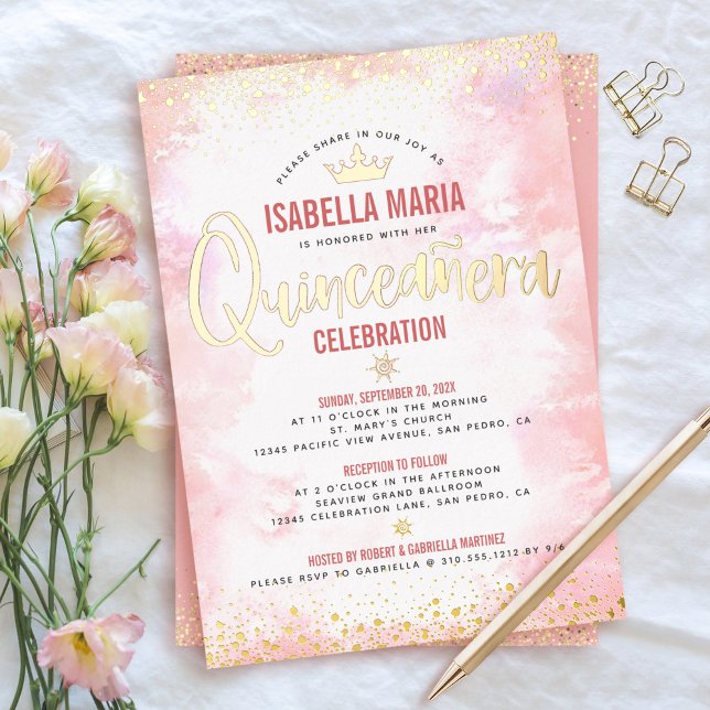Quinceañera Blush Pink Watercolor Crown Real Gold  (Creator Uploaded)