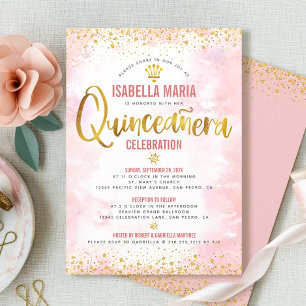 Quinceañera Blush Pink Watercolor Gold Foil Girly Invitation