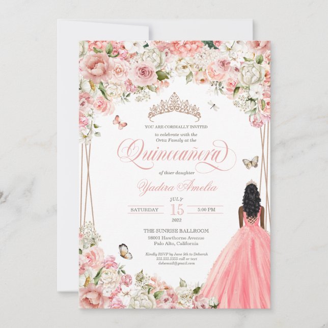 Quinceanera Blush Pink White Floral & Butterfly In Invitation (Front)