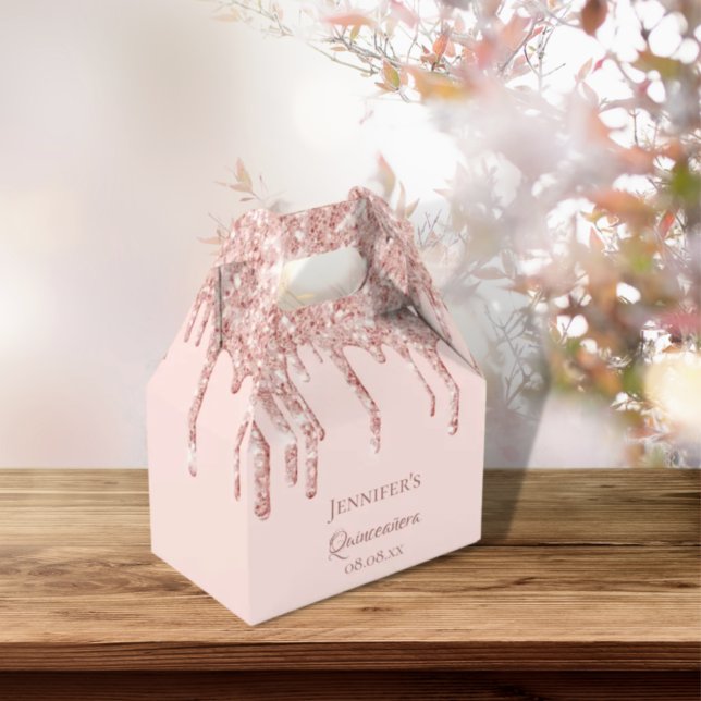 Quinceanera blush rose gold glitter drips name favor box (Creator Uploaded)
