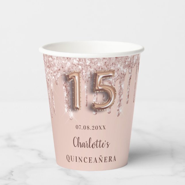 Quinceanera blush rose gold glitter drips name paper cups (Front)