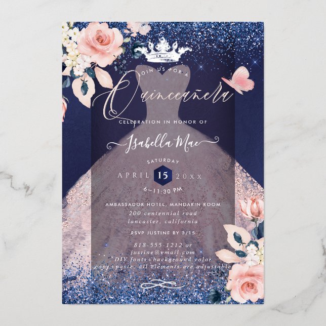 Quinceanera Blush Roses Silver Foil Crown Navy (Front)