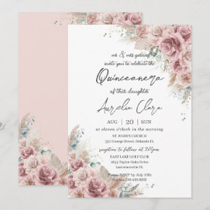 Quinceañera Boho Blush Dusty Rose Floral Pampas Invitation
