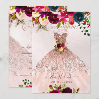 Quinceañera, Boho Floral Sparkle Gown Rose Gold Invitation