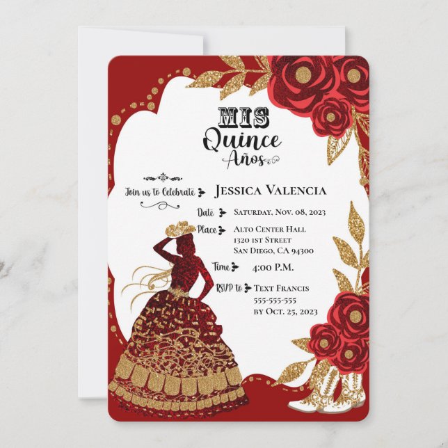 Quinceanera Bourgogne Gold Cowgirl Invitation (Devant)