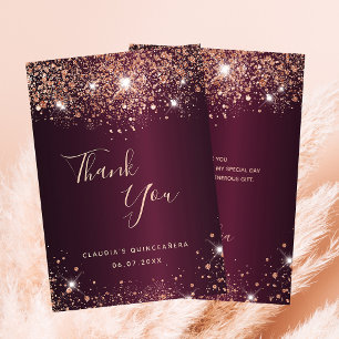Quinceanera Bourgogne nom rose or carte de remerci
