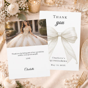 Quinceanera bow ivory pearls photo thank you card
