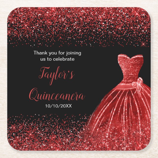 Quinceanera Bright Red Faux Glitter Square Paper Coaster (Front)