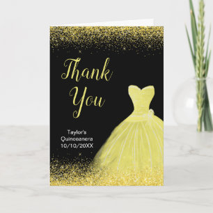 Quinceanera Bright Yellow Dress Faux Glitter Thank You Card