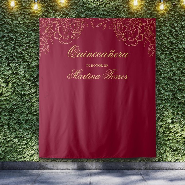 Quinceanera Burgundy and Gold Photo Booth Backdrop Tapestry (Creator Uploaded)