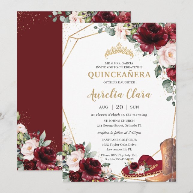Quinceañera Burgundy Blush Floral Charro Hat Boot Invitation (Front/Back)