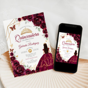 Quinceanera Burgundy Dress Floral Gold Invitation