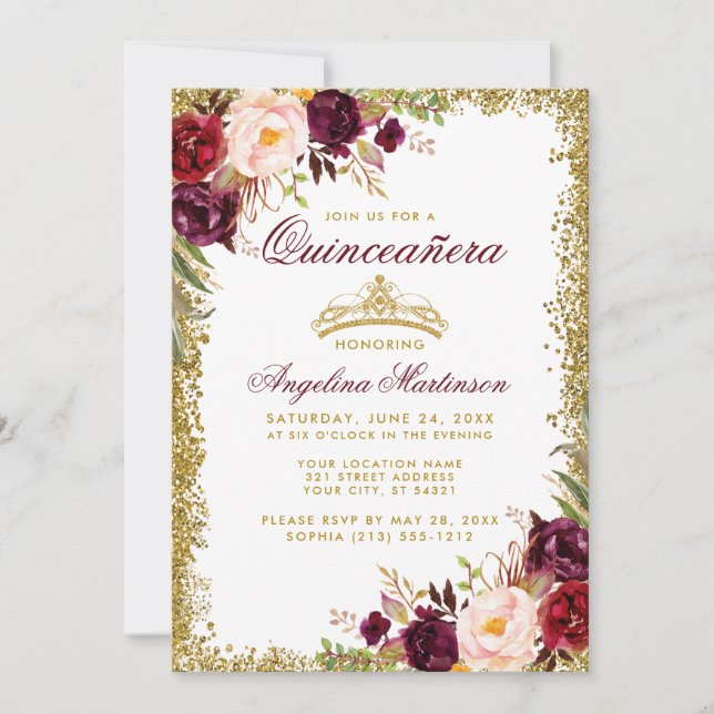 Quinceanera Burgundy Floral Gold Crown Invite (Front)