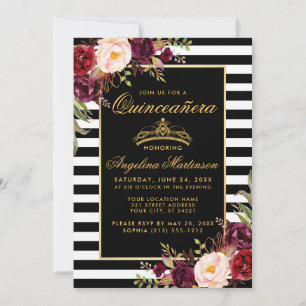 Quinceanera Burgundy Floral Gold Crown Stripes Invitation
