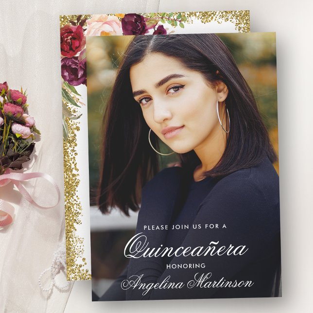 Quinceanera Burgundy Floral Gold Glitter Photo Invitation (Customize to change text size or text style.)