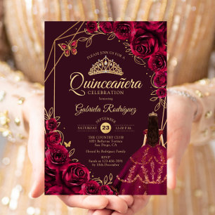 Quinceanera Burgundy Gold Dress Floral Invitation