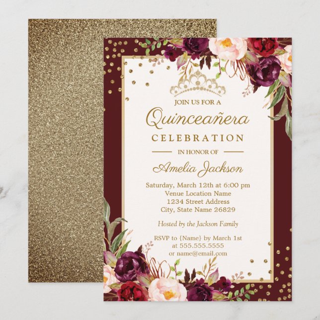 Quinceanera Burgundy Gold floral Sparkle Invite (Front/Back)