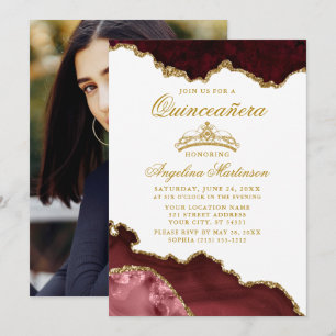 Quinceanera Burgundy Gold Marble Crown Photo Invitation