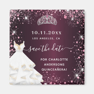 Quinceanera burgundy pink dress save the date magnet