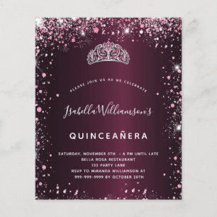 Quinceanera burgundy pink glitter tiara invitation