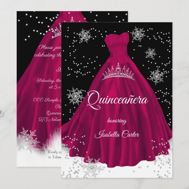 Quinceanera Burgundy pink snowflake Silver Dress Invitation (Front/Back)
